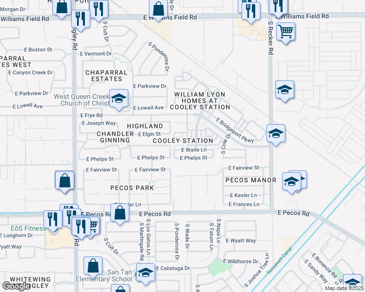 map of restaurants, bars, coffee shops, grocery stores, and more near 3661 East Waite Lane in Gilbert