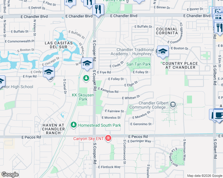map of restaurants, bars, coffee shops, grocery stores, and more near 2153 East Kempton Road in Chandler