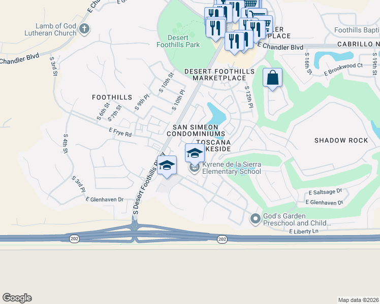 map of restaurants, bars, coffee shops, grocery stores, and more near 16013 South Desert Foothills Parkway in Phoenix