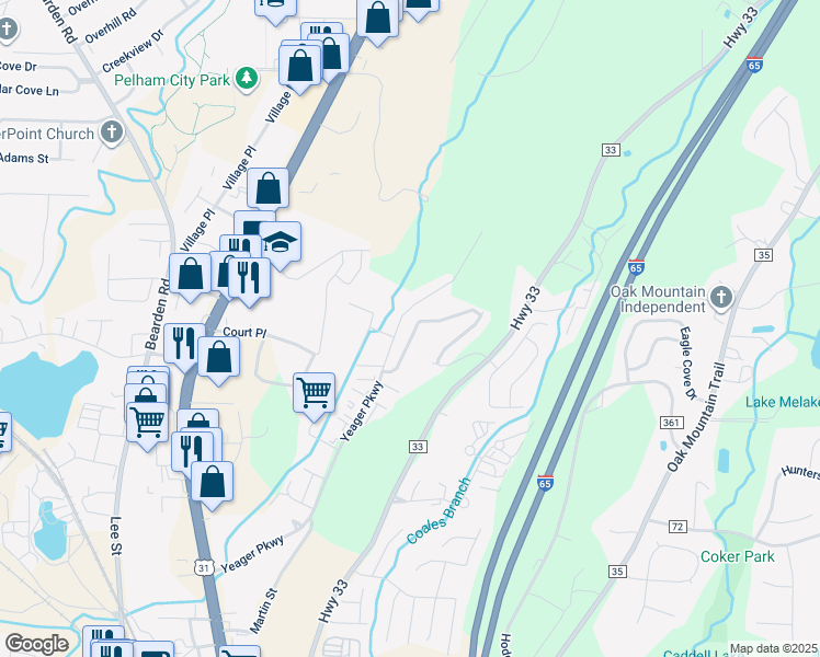 map of restaurants, bars, coffee shops, grocery stores, and more near 444 Cambrian Ridge Trail in Pelham