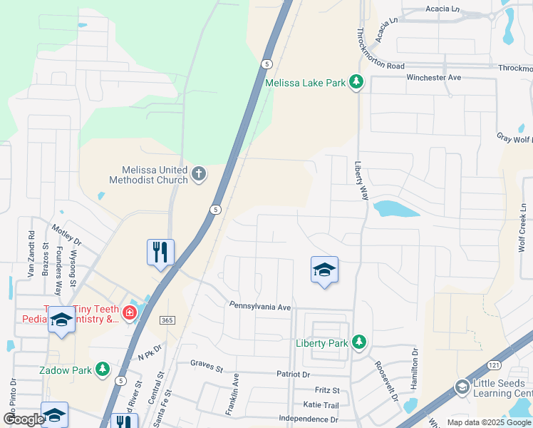 map of restaurants, bars, coffee shops, grocery stores, and more near 2408 Jefferson Avenue in Melissa