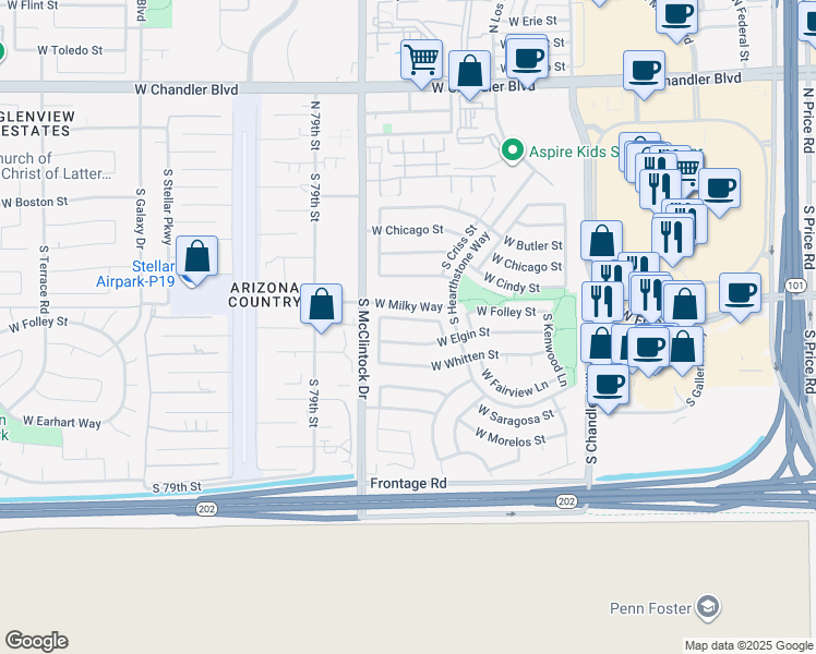 map of restaurants, bars, coffee shops, grocery stores, and more near 3834 West Elgin Street in Chandler