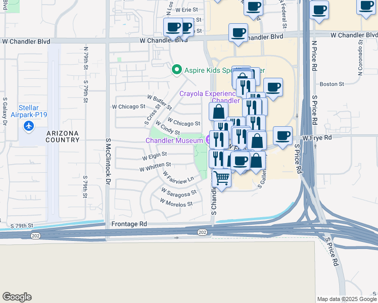 map of restaurants, bars, coffee shops, grocery stores, and more near 3615 West Elgin Street in Chandler