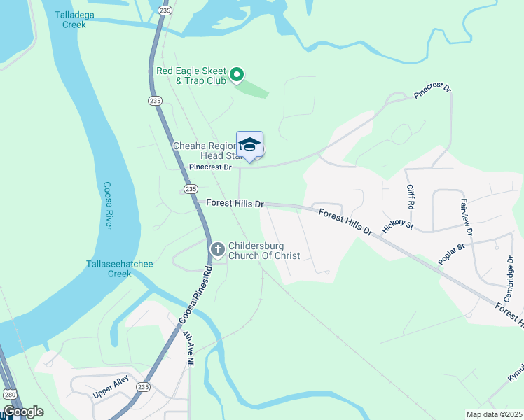 map of restaurants, bars, coffee shops, grocery stores, and more near 56 Mimosa Drive in Childersburg