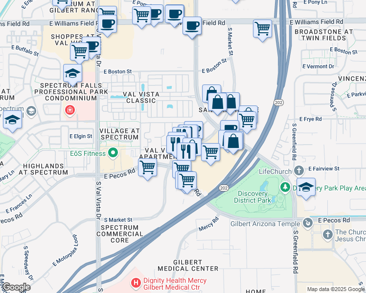 map of restaurants, bars, coffee shops, grocery stores, and more near 3131 South Market Street in Gilbert