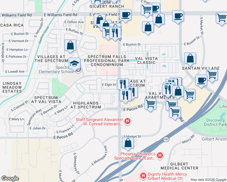 map of restaurants, bars, coffee shops, grocery stores, and more near 1480 East Pecos Road in Gilbert