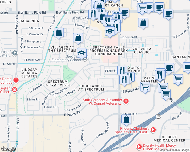 map of restaurants, bars, coffee shops, grocery stores, and more near 1480 East Pecos Road in Gilbert