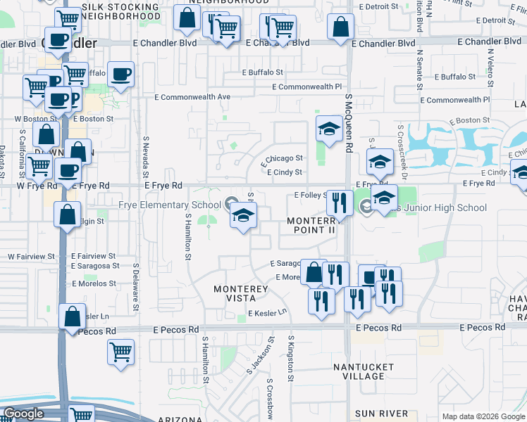 map of restaurants, bars, coffee shops, grocery stores, and more near 761 East Elgin Street in Chandler