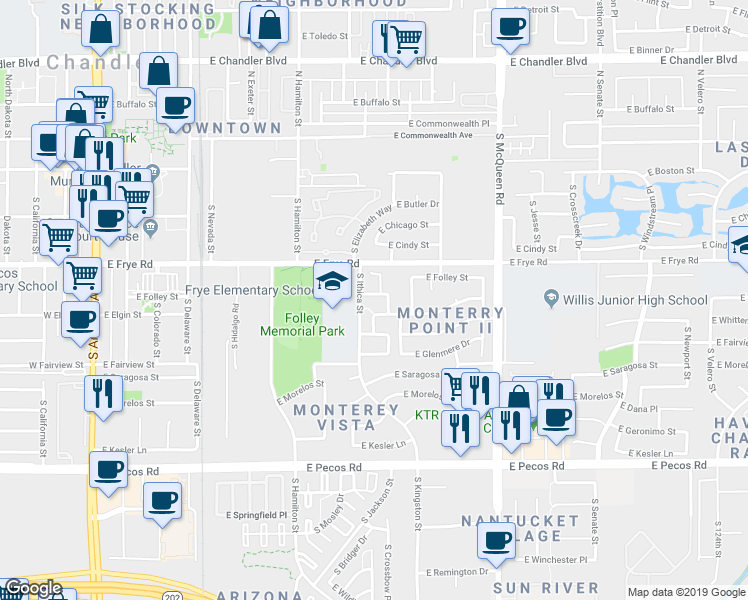 map of restaurants, bars, coffee shops, grocery stores, and more near 761 East Elgin Street in Chandler