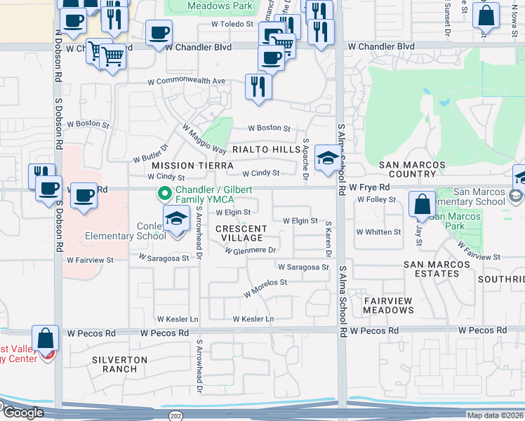 map of restaurants, bars, coffee shops, grocery stores, and more near 1301 West Elgin Street in Chandler