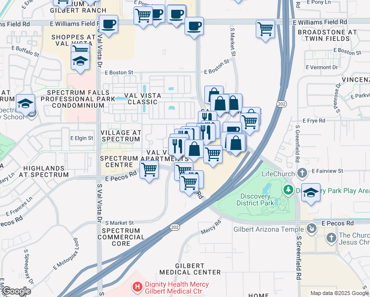 map of restaurants, bars, coffee shops, grocery stores, and more near 3131 South Market Street in Gilbert