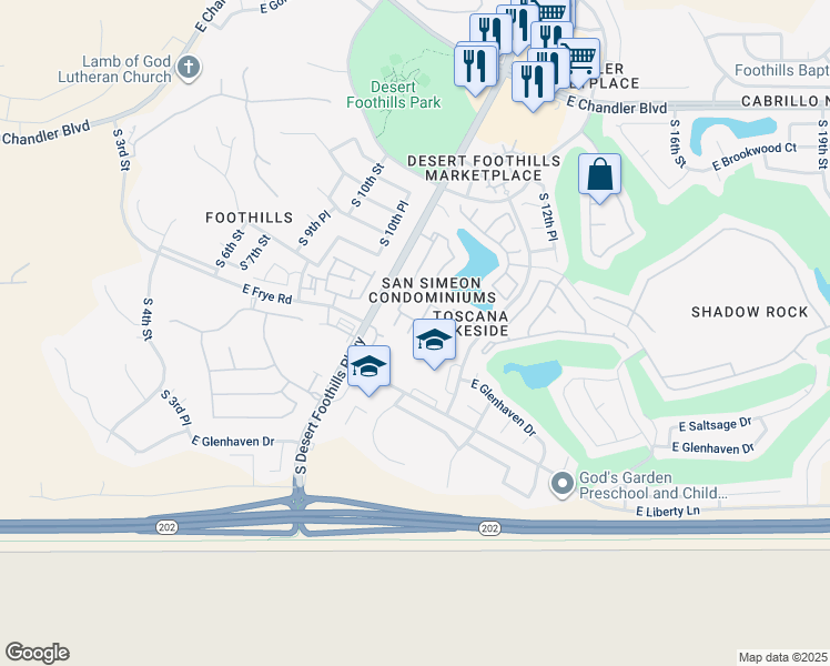 map of restaurants, bars, coffee shops, grocery stores, and more near 16013 South Desert Foothills Parkway in Phoenix
