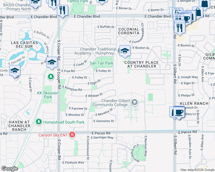 map of restaurants, bars, coffee shops, grocery stores, and more near 2451 East Whitten Street in Chandler