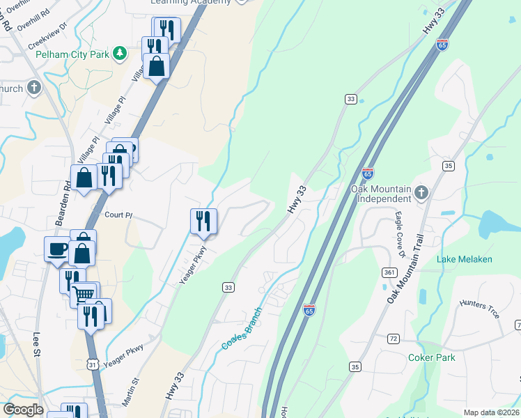 map of restaurants, bars, coffee shops, grocery stores, and more near 230 Cambrian Ridge Trail in Pelham