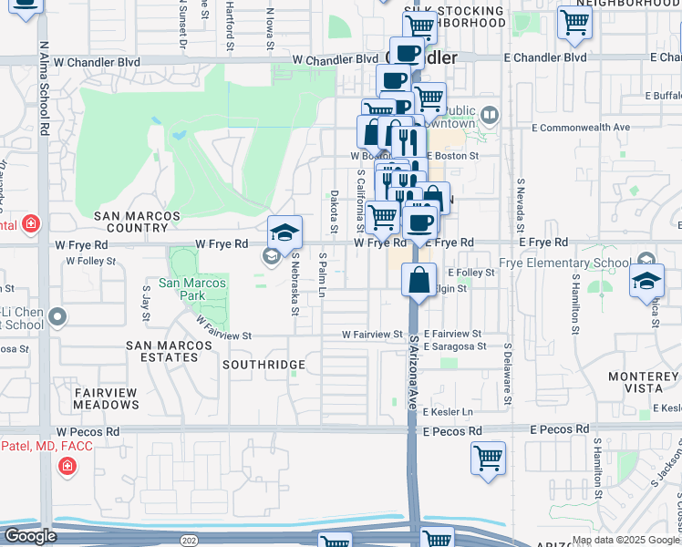 map of restaurants, bars, coffee shops, grocery stores, and more near 372 South Dakota Street in Chandler