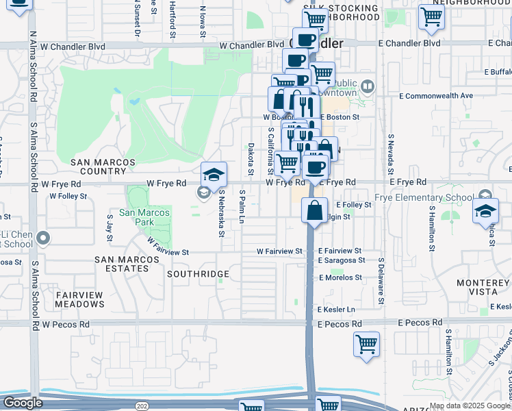 map of restaurants, bars, coffee shops, grocery stores, and more near 372 South Dakota Street in Chandler