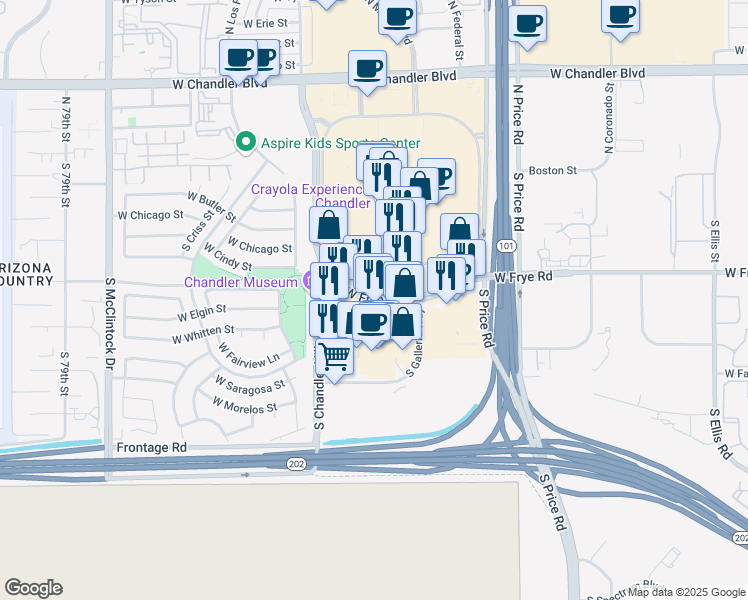 map of restaurants, bars, coffee shops, grocery stores, and more near 3401 West Frye Road in Chandler