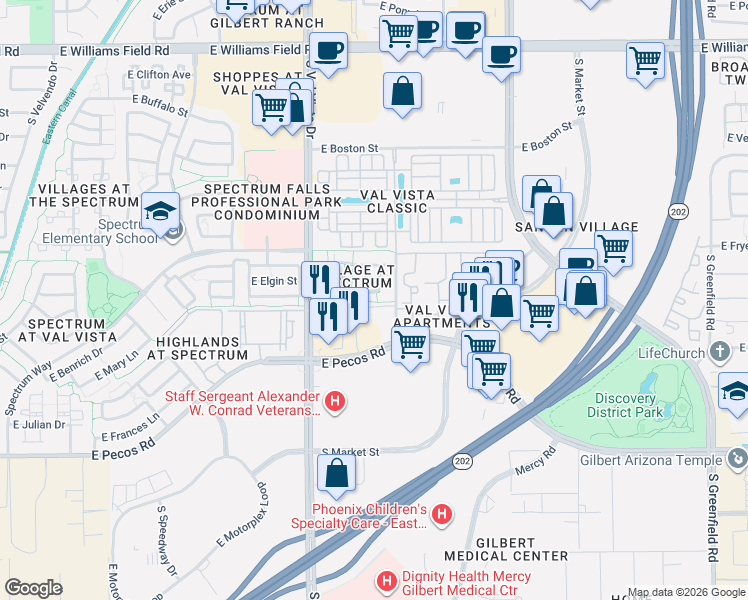 map of restaurants, bars, coffee shops, grocery stores, and more near 1731 East Elgin Street in Gilbert