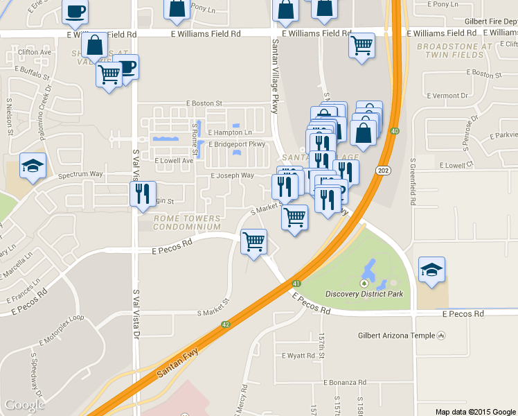 map of restaurants, bars, coffee shops, grocery stores, and more near 3131 South Market Street in Gilbert