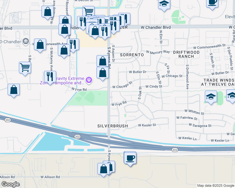 map of restaurants, bars, coffee shops, grocery stores, and more near 255 South Kyrene Road in Chandler