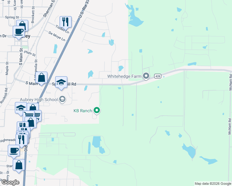 map of restaurants, bars, coffee shops, grocery stores, and more near 650 Spring Hill Road in Aubrey