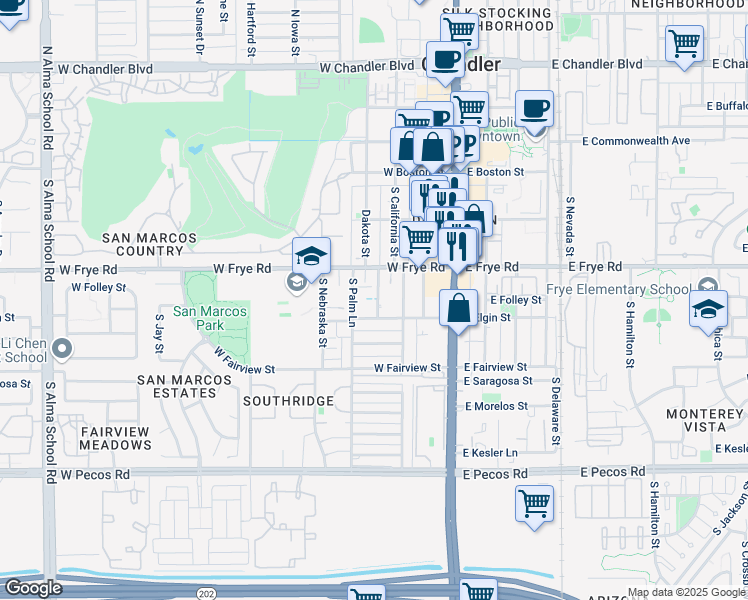 map of restaurants, bars, coffee shops, grocery stores, and more near 261 West Elgin Street in Chandler