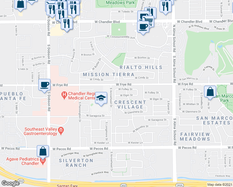 map of restaurants, bars, coffee shops, grocery stores, and more near 421 South Meadows Drive in Chandler