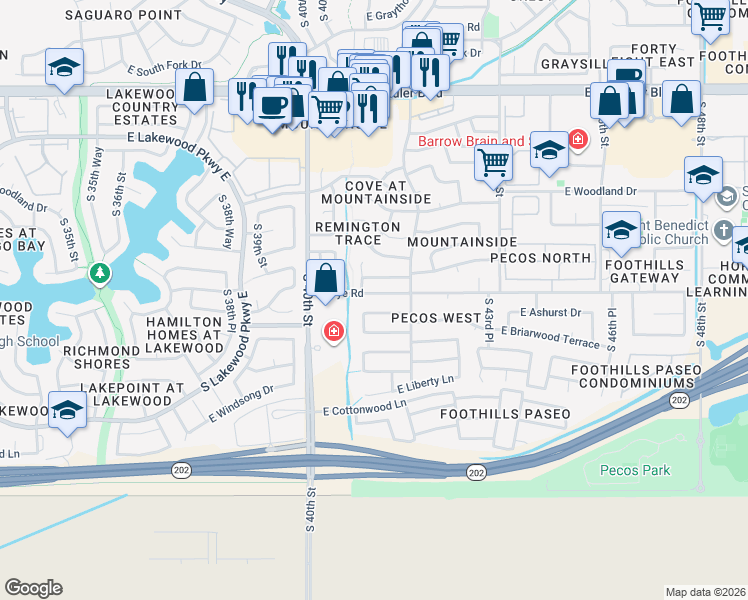 map of restaurants, bars, coffee shops, grocery stores, and more near 16421 South 41st Street in Phoenix