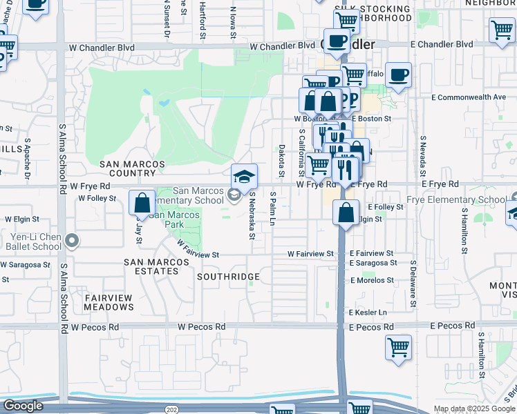 map of restaurants, bars, coffee shops, grocery stores, and more near 397 South Nebraska Street in Chandler