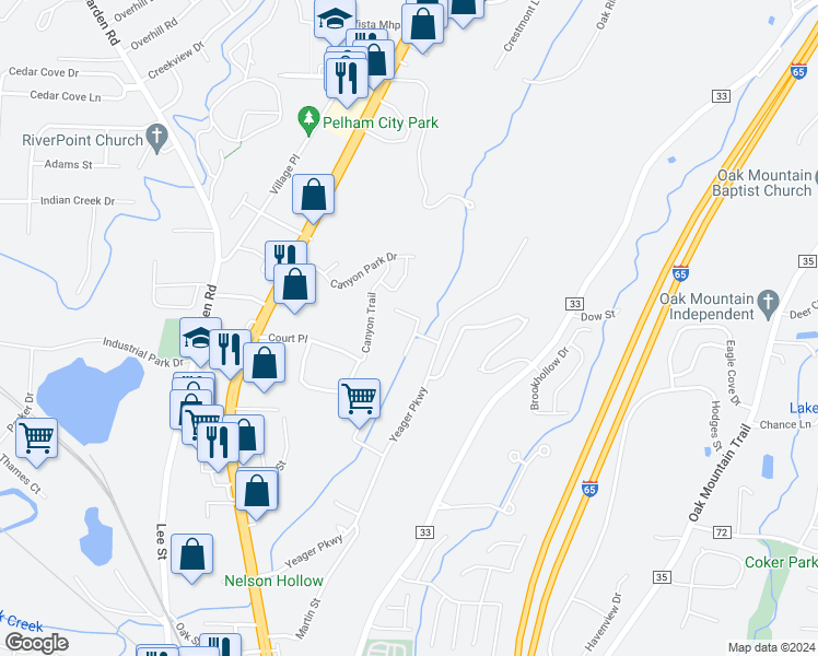 map of restaurants, bars, coffee shops, grocery stores, and more near 225 Calloway Lane in Pelham