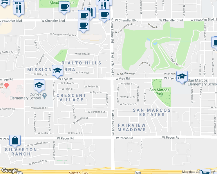 map of restaurants, bars, coffee shops, grocery stores, and more near 350 S Alma School Rd in Chandler