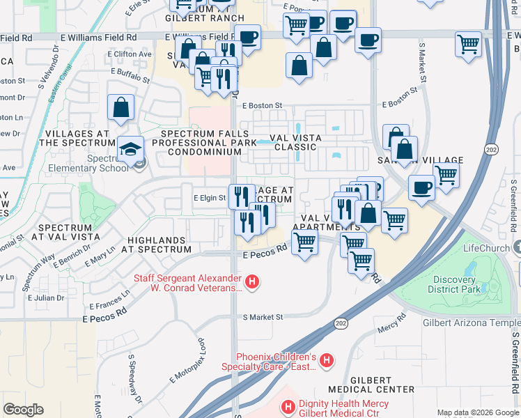 map of restaurants, bars, coffee shops, grocery stores, and more near 1685 East Elgin Street in Gilbert