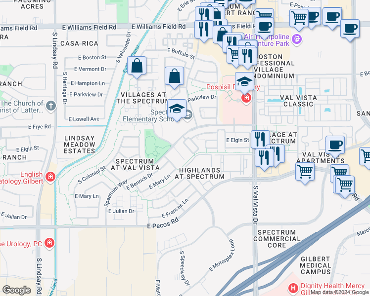map of restaurants, bars, coffee shops, grocery stores, and more near 2886 South Nielson Street in Gilbert
