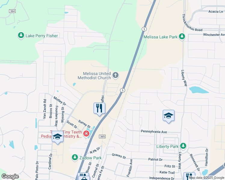 map of restaurants, bars, coffee shops, grocery stores, and more near 3827 Highland Road in Melissa