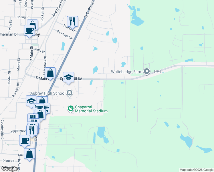 map of restaurants, bars, coffee shops, grocery stores, and more near 584 Spring Hill Road in Aubrey