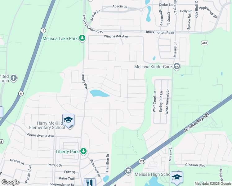 map of restaurants, bars, coffee shops, grocery stores, and more near 2812 Middleton Drive in Melissa