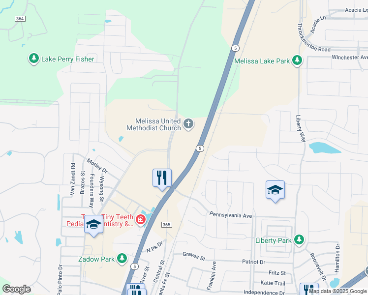 map of restaurants, bars, coffee shops, grocery stores, and more near 3827 Highland Road in Melissa