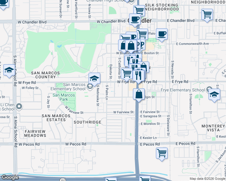 map of restaurants, bars, coffee shops, grocery stores, and more near 354 South Dakota Street in Chandler