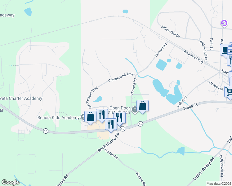 map of restaurants, bars, coffee shops, grocery stores, and more near 389 Cumberland Trail in Senoia