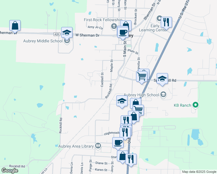 map of restaurants, bars, coffee shops, grocery stores, and more near 310 Rock Hill Road in Aubrey