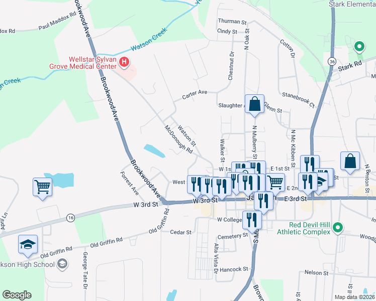 map of restaurants, bars, coffee shops, grocery stores, and more near 465 McDonough Road in Jackson