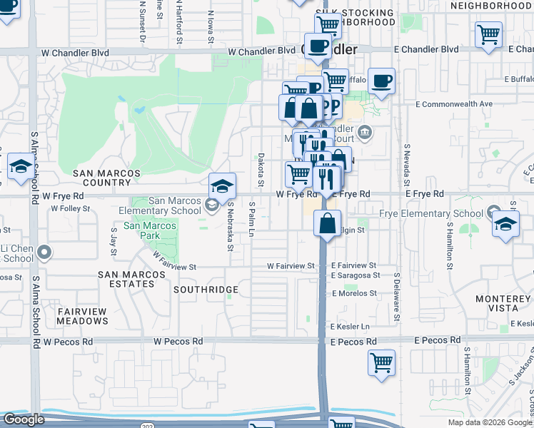 map of restaurants, bars, coffee shops, grocery stores, and more near 219 1/2 West Frye Road in Chandler