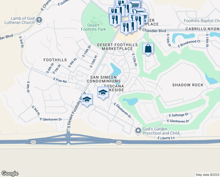 map of restaurants, bars, coffee shops, grocery stores, and more near 16013 South Desert Foothills Parkway in Phoenix