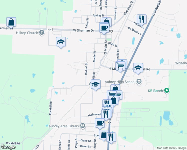 map of restaurants, bars, coffee shops, grocery stores, and more near 310 Rock Hill Road in Aubrey