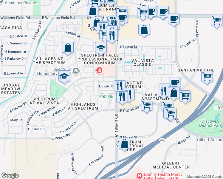 map of restaurants, bars, coffee shops, grocery stores, and more near 1574 East Elgin Street in Gilbert