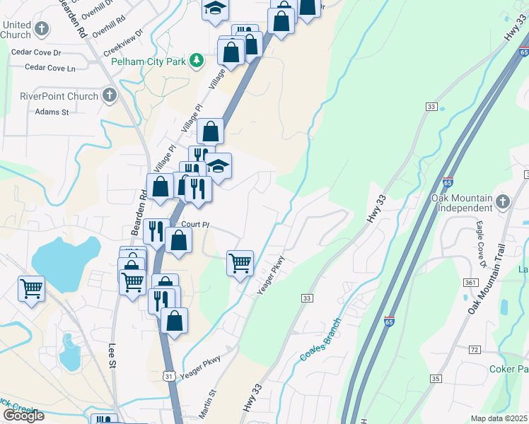map of restaurants, bars, coffee shops, grocery stores, and more near 317 Calloway Lane in Pelham