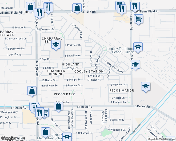 map of restaurants, bars, coffee shops, grocery stores, and more near in Gilbert