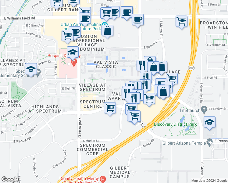 map of restaurants, bars, coffee shops, grocery stores, and more near 49 East Joseph Way in Gilbert