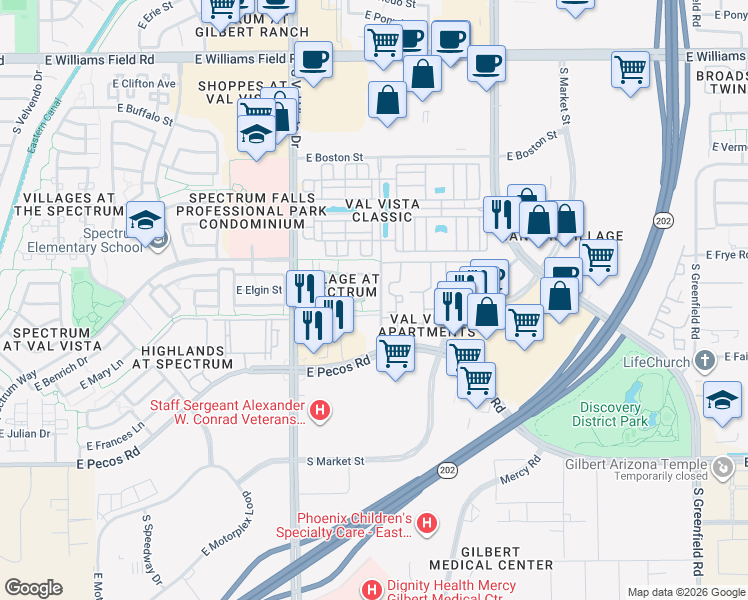map of restaurants, bars, coffee shops, grocery stores, and more near 2847 South Key Biscayne Drive in Gilbert
