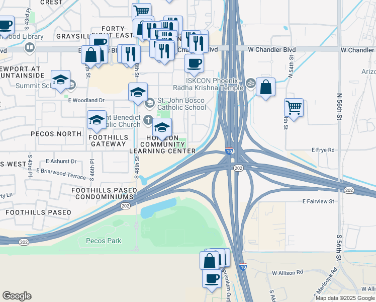 map of restaurants, bars, coffee shops, grocery stores, and more near 16160 South 50th Street in Phoenix